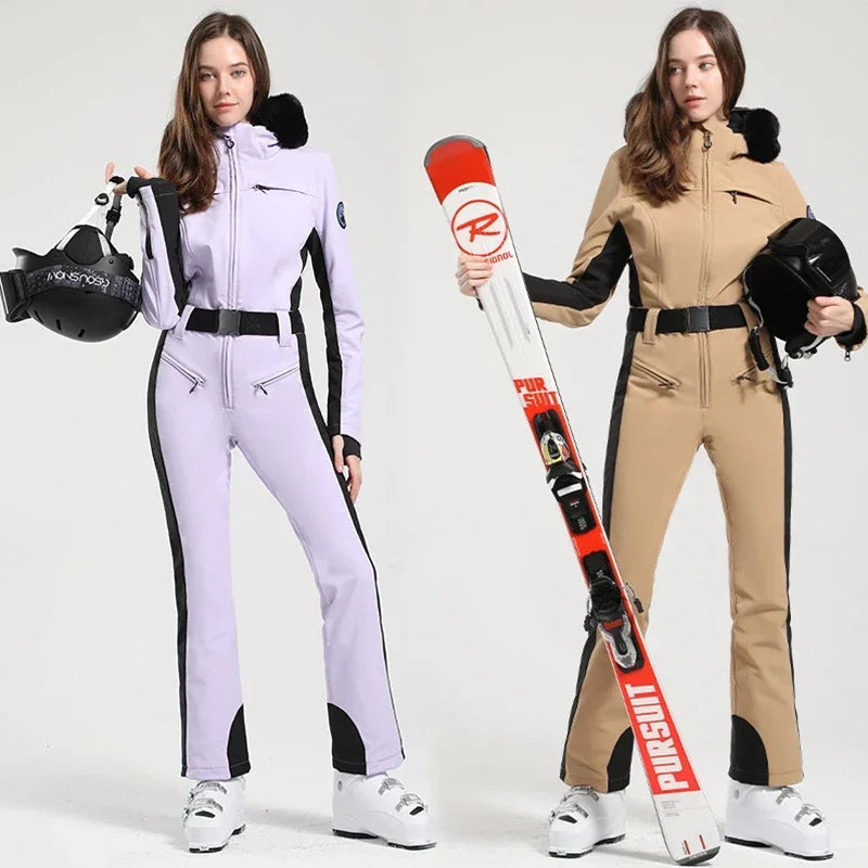 2025 Winter One-Piece Ski Suit Thickened Thermal Overalls Snowboard Jacket Jumpsuits Slim Fitting Ski Set Wind Proof Waterproof