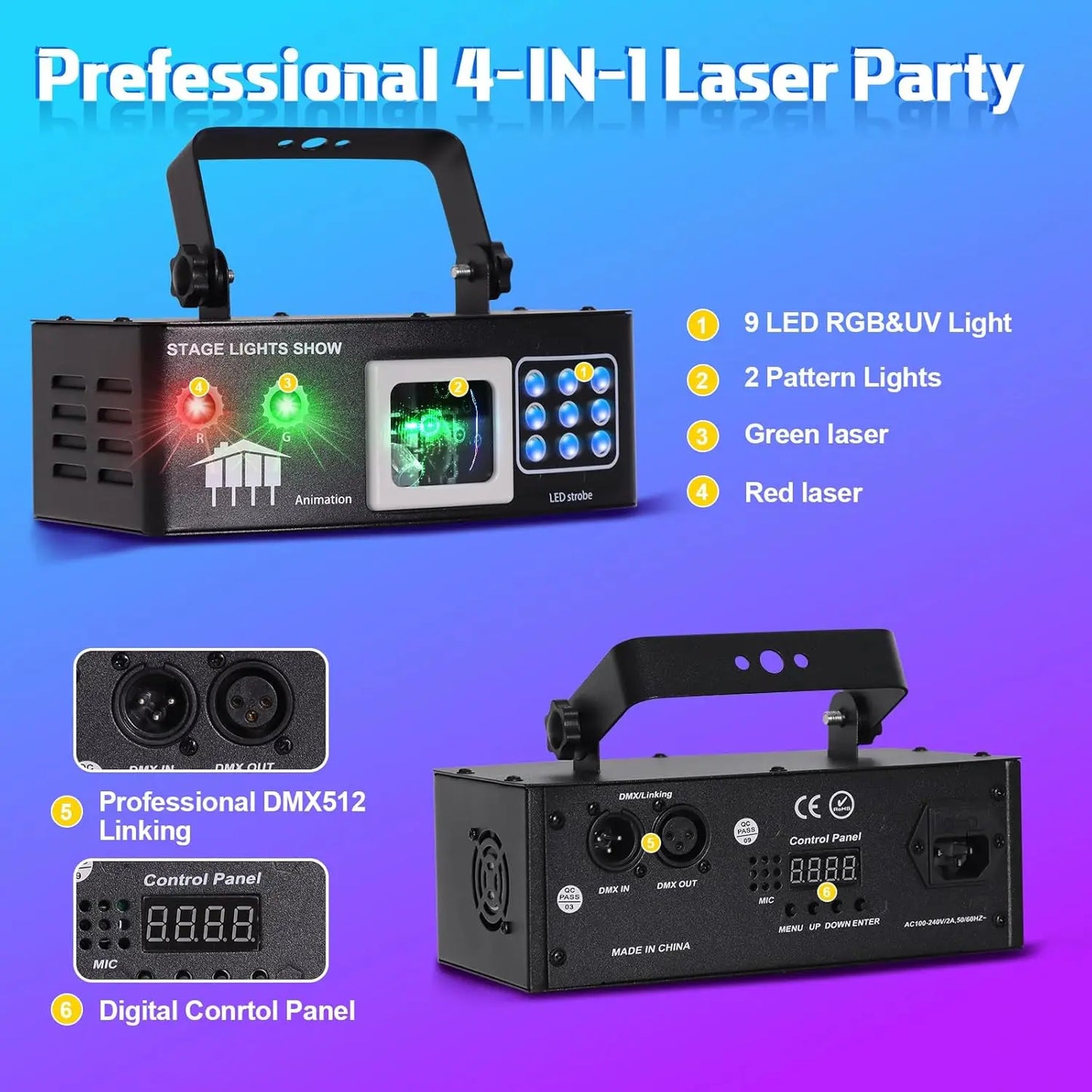 12 Lens DJ Disco Party Stage Light Strobe Laser LED with Remote Control Sound DMX RGB for Indoor Bar KTV Music Show Parties