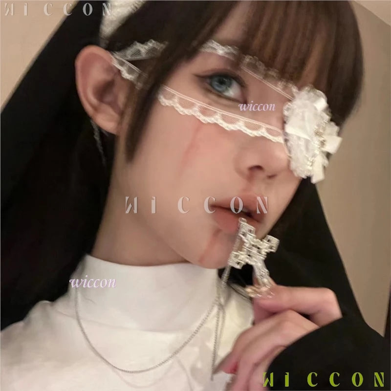 Halloween costumes ‌‌‌‌‌‌BGothic Lolita Nun Accessory Lace Eye Mask with Heart Halloween Cosplay Accessory disfraz halloweeen