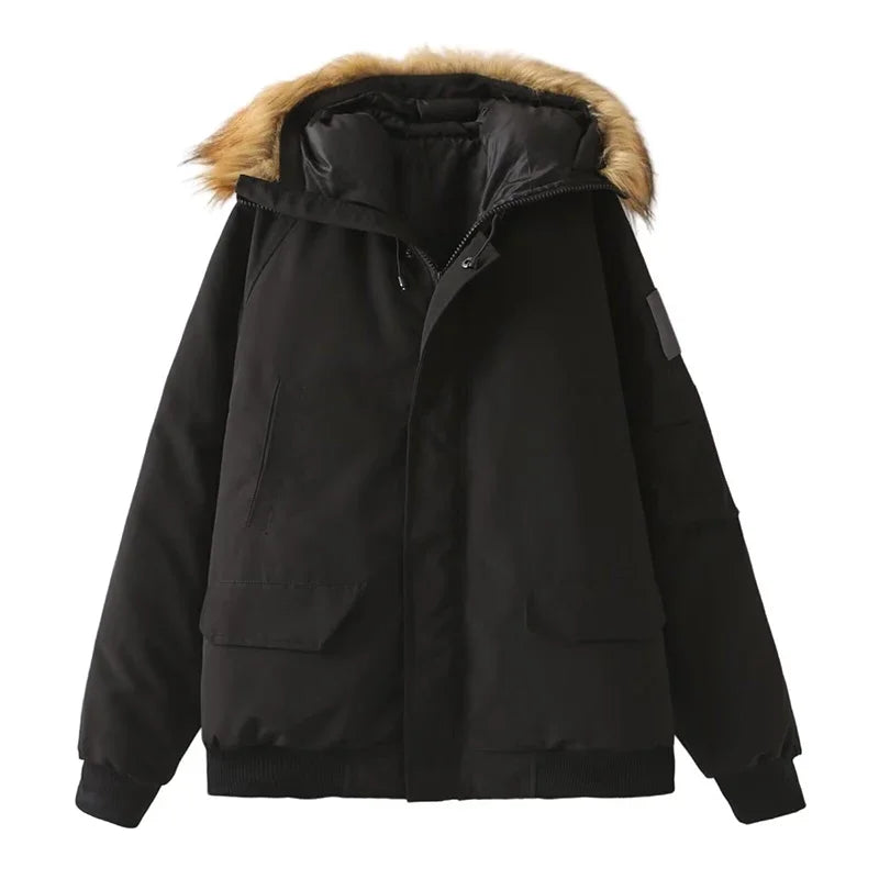 Winter New Women's Big Fur Snow Parka Simple and Versatile Vintage Cold Thicken Warm Fur Collar Hooded Cotton Padded Jacket