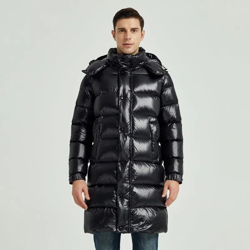 Black Glossy Mans Long Down Jacket - Suitable For -30°C, Windproof Men's Padded Jackets, Streetwear-inspired Padded Snow Coat