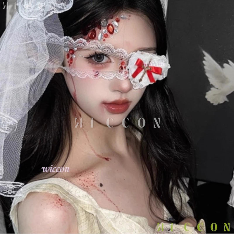 Halloween costumes ‌‌‌‌‌‌BGothic Lolita Nun Accessory Lace Eye Mask with Heart Halloween Cosplay Accessory disfraz halloweeen
